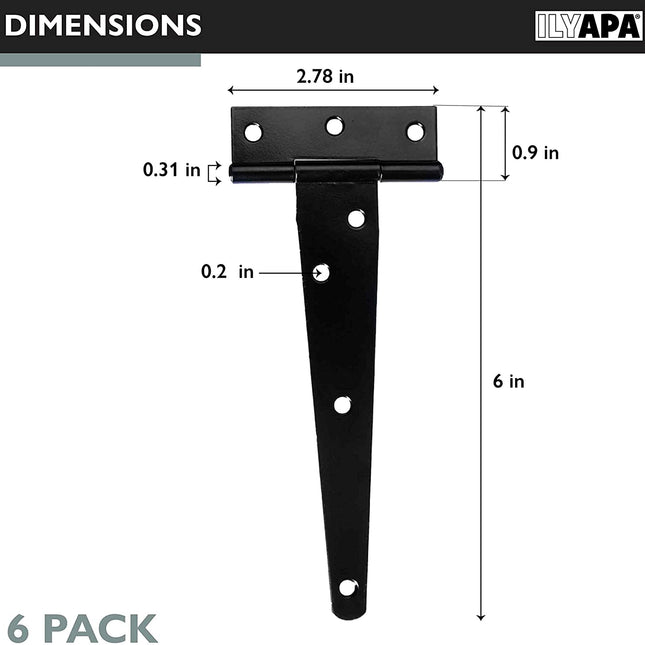 Ilyapa Heavy Duty Gate Hinges, 6 Pack - 6 Inch Outdoor T Strap Hinges for Barn Door, Shed or Wooden Fences