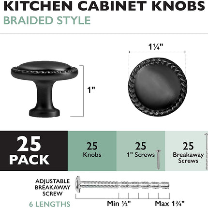 Ilyapa Flat Black Kitchen Cabinet Knobs - Round Braided Drawer Handles - 25 Pack of Kitchen Cabinet Hardware