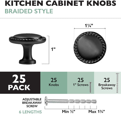 Ilyapa Flat Black Kitchen Cabinet Knobs - Round Braided Drawer Handles - 25 Pack of Kitchen Cabinet Hardware