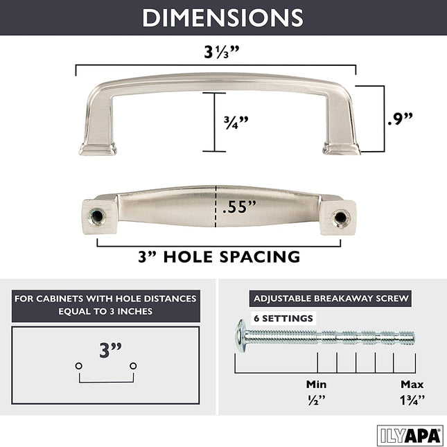 Satin Nickle Cabinet Handles - 3 Inch Hole Center Modern Drawer Pulls - 10 Pack of Kitchen Cabinet Hardware