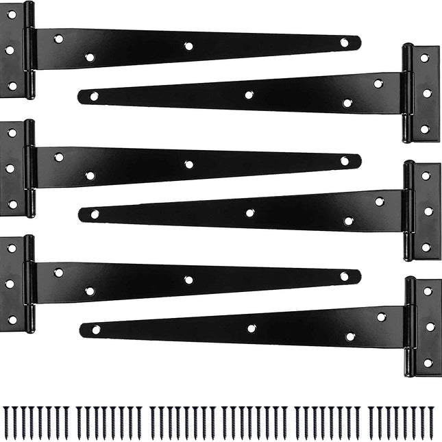 Ilyapa Heavy Duty Gate Hinges, 6 Pack - 10 Inch Outdoor T Strap Hinges for Barn Door, Shed or Wooden Fences