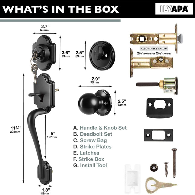 Traditional Style Front Door Exterior Handleset - Elegant Lock Set Handle Hardware with Single Cylinder Deadbolt Lock and Knob - Improved Classic Matte Black Finish