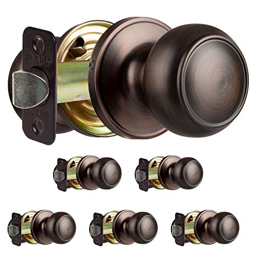 Ilyapa Passage Door Knob for Hall/Closet - Colonial, Oil Rubbed Bronze Interior Keyless Non Locking Round Door Handle, Oil Rubbed Bronze, 6 Pack