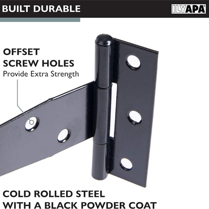 Ilyapa Heavy Duty Gate Hinges, 6 Pack - 10 Inch Outdoor T Strap Hinges for Barn Door, Shed or Wooden Fences