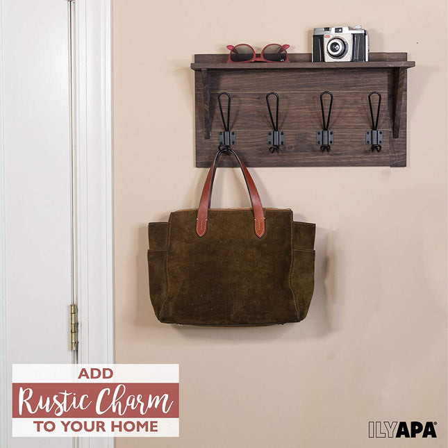 Wall Mounted Coat Rack with Shelf - 16 Inch Rustic Wooden 4 Hook Coat Hanger Rail, Espresso Distressed Wood, Black Metal Hooks