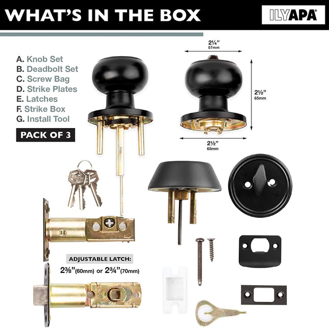 Entry Door Knob and Deadbolt Lock Set, 3 Pack - Black Classic Design