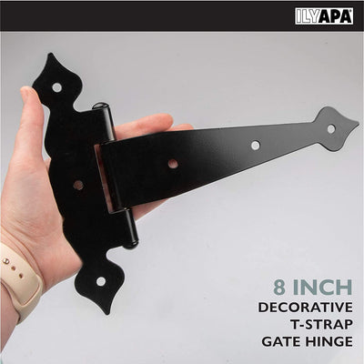 Ilyapa Heavy Duty Gate Hinges, 6 Pack - 8 Inch Decorative Outdoor T Strap Hinges for Barn Door, Shed or Wooden Fences