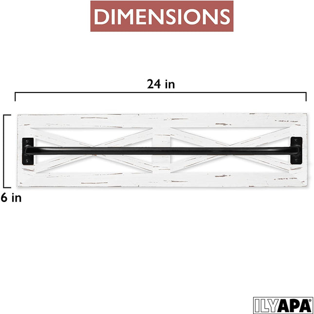 Rustic Towel Bar for Bathroom, 24x6 Inches - Wall Mounted Towel Rack with White Weathered Wood & Black Metal Bar, Farmhouse Decor