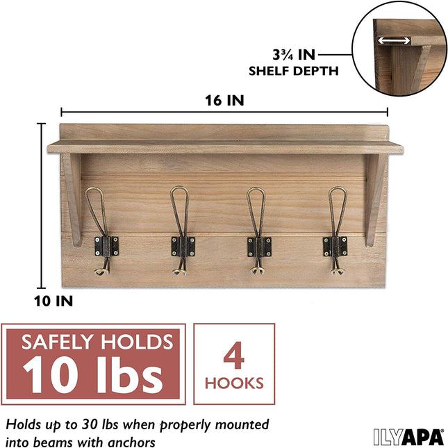 Wall Mounted Coat Rack with Shelf - 16 Inch Rustic Wooden 4 Hook Coat Hanger Rail, Barnwood, Black Metal Hooks