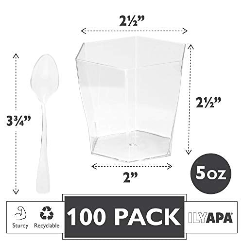 100 Mini Plastic Dessert Cups with Spoons - 5 oz Hexagon Cups