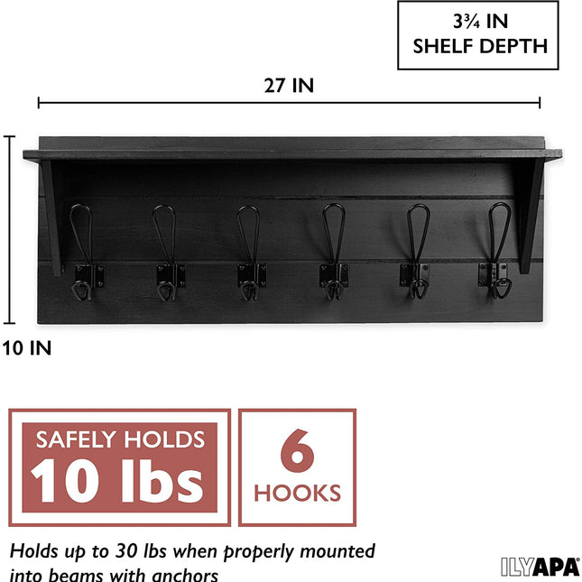 Ilyapa Wooden Coat Rack with Shelf, Wall Mount - Black Wood Hat Hanger with 6 Metal Hooks