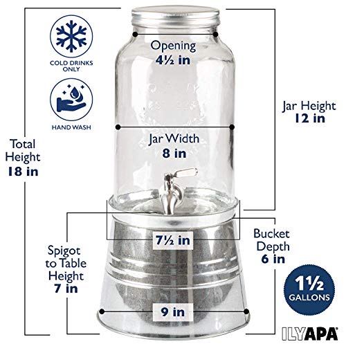 Outdoor Glass Beverage Dispenser with Infuser, Ice Bucket Stand, Stainless Steel Spigot & Hanging Chalkboard - 1.5 Gallon Outdoor Drink Dispenser for Lemonade, Tea, Cold Water & More