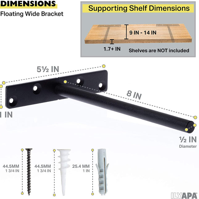 Hidden Shelf Brackets, Rustic Iron 8 Pack - 8 Inch Black Metal Blind Shelf Supports for Wall Mount Floating Shelves
