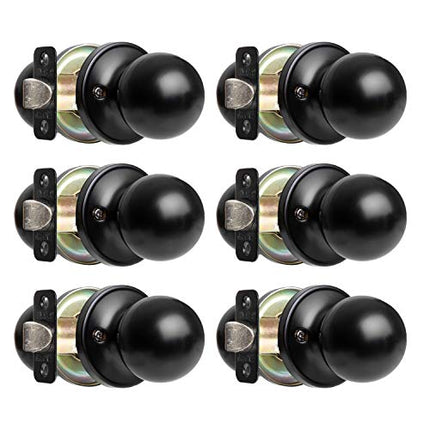 Ilyapa Passage Door Knob for Hall/Closet - Ball, Matte Black Interior Keyless Non Locking Round Door Handle, Matte Black, 6 Pack