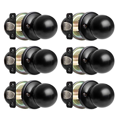 Ilyapa Passage Door Knob for Hall/Closet - Ball, Matte Black Interior Keyless Non Locking Round Door Handle, Matte Black, 6 Pack