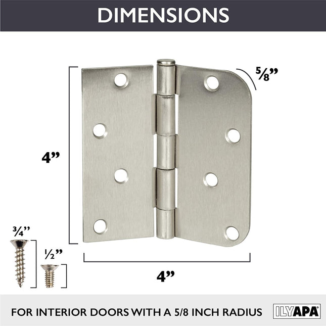 9 Pack of Door Hinges Satin Nickel - 4 x 4 Inch Interior Hinges for Doors with 5/8 Inch Radius