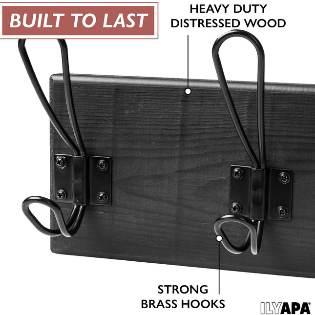 Wall Mounted Coat Rack - Rustic Wooden 4 Hook, Distressed Black Wood