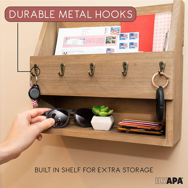 Ilyapa Rustic Wooden Key and Mail Holder with Shelf - Wall Mounted