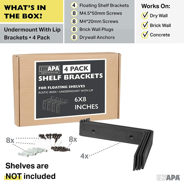 Heavy Duty Steel Floating Shelf Brackets, Undermount Bracket With Lip- Farmhouse Rustic Iron Matte Finish - 4 Pack of 6 x 7.25 Inch Industrial Metal Shelf Holders, Joint Angle Brackets for Wall Shelve