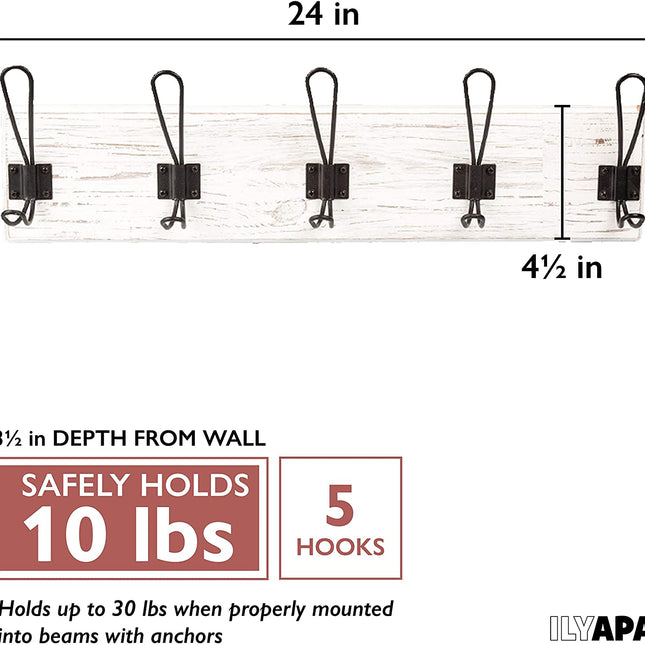 Wall Mounted Coat Rack - Rustic Wooden 5 Hook Coat Hanger Rail, White Distressed Wood, Black Metal Hooks