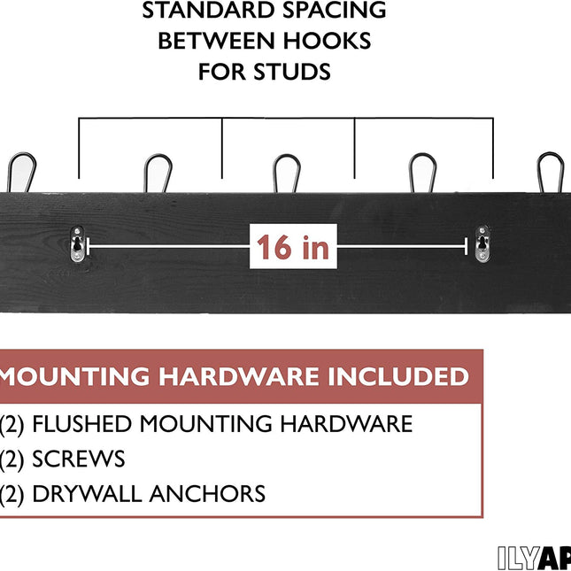 Ilyapa Wooden Coat Rack Wall Mount - Black Wood Hat Hanger with 5 Metal Hooks