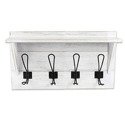 Wall Mounted Coat Rack with Shelf - 16 Inch Rustic Wooden 4 Hook Coat Hanger Rail, White Distressed Wood, Black Metal Hooks