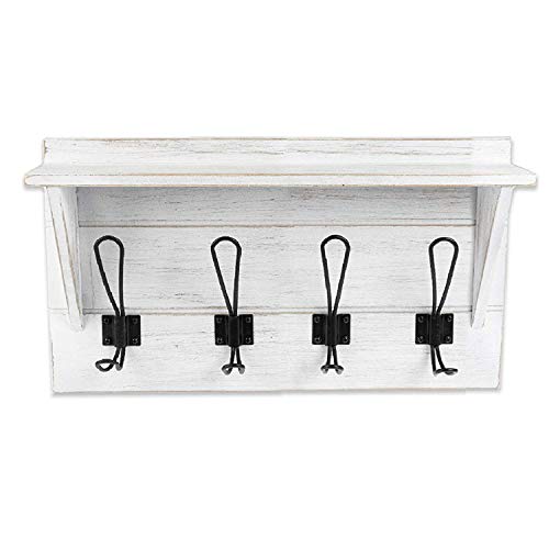 Wall Mounted Coat Rack with Shelf - 16 Inch Rustic Wooden 4 Hook Coat Hanger Rail, White Distressed Wood, Black Metal Hooks