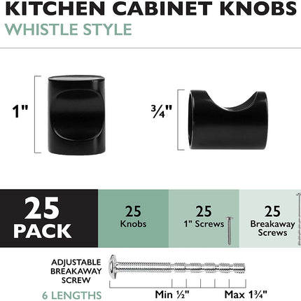 Ilyapa Flat Black Kitchen Cabinet Knobs - Minimalist Cylindrical Whistle Knob Handles - 25 Pack of Kitchen Cabinet Hardware
