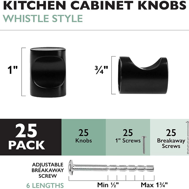 Ilyapa Flat Black Kitchen Cabinet Knobs - Minimalist Cylindrical Whistle Knob Handles - 25 Pack of Kitchen Cabinet Hardware
