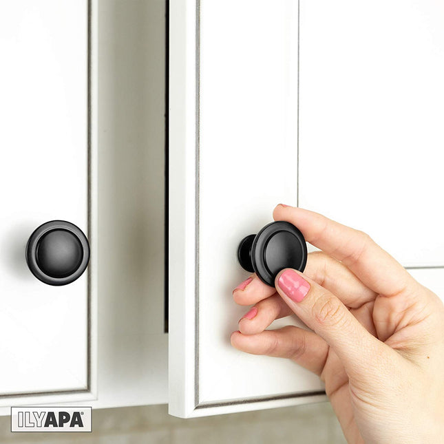 Flat Black Kitchen Cabinet Knobs - 1 1/4 Inch Round Drawer Handles - 10 Pack of Kitchen Cabinet Hardware