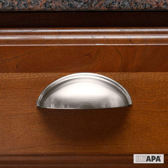 Satin Nickel Kitchen Cabinet Pulls - 3 Inch Hole Center Bin Cup Drawer Handles - 10 Pack of Kitchen Cabinet Hardware - New Design