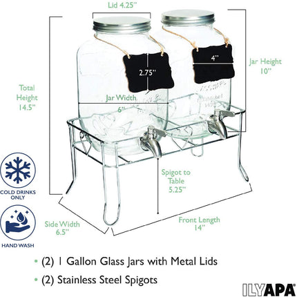 Outdoor Glass Beverage Dispenser 2 Pack with Sturdy Metal Base, Hanging Chalkboards & Stainless Steel Spigots - Double Drink Dispensers for Lemonade, Tea, Cold Water & More