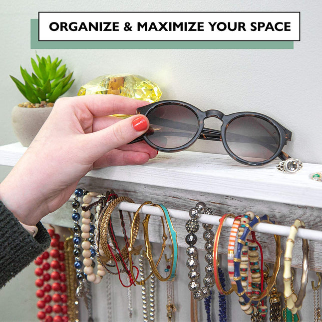 Ilyapa Wall Mounted Jewelry Organizer with Shelf - Rustic White Wood