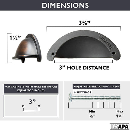Oil Rubbed Bronze Kitchen Cabinet Pulls - 3 Inch Hole Center Bin Cup Drawer Handles - 10 Pack of Kitchen Cabinet Hardware