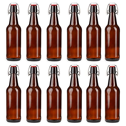Ilyapa 12oz Amber Glass Beer Bottles for Home Brewing - 12 Pack with Flip Caps for Beer Bottling