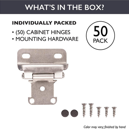 Self Closing Cabinet Hinges Satin Nickel, 50 Pack - 1/2 Inch Overlay 3/4 Inch Frame Semi Wrap Kitchen Cabinet Door Hinge Hardware