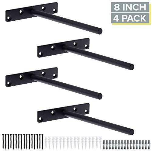 Heavy Duty Steel Concealed Floating Shelf Brackets 4 Pack of 8 Inch Blind Shelf Supports with 1" x 5.5" Wide Base - Farmhouse Rustic Iron Finish Industrial Metal Shelf Holders, Hidden Shelf Brackets