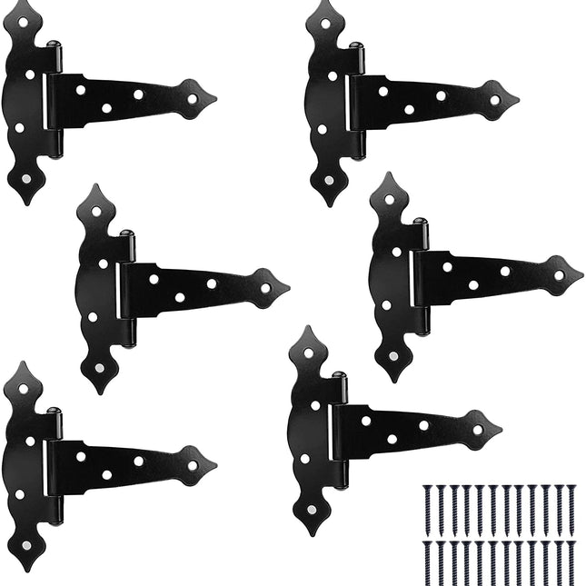 Ilyapa Heavy Duty Gate Hinges, 6 Pack - 5 Inch Decorative Outdoor T Strap Hinges for Barn Door, Shed or Wooden Fences