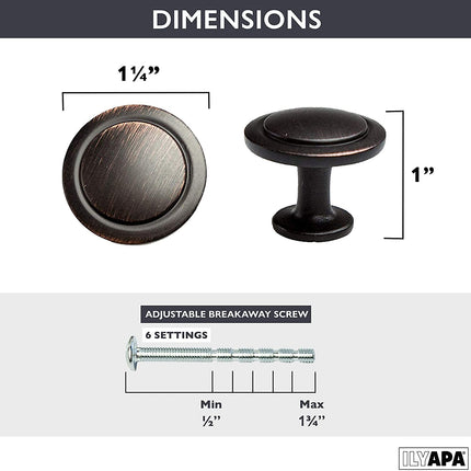 Oil Rubbed Bronze Kitchen Cabinet Knobs - 1 1/4 Inch Round Drawer Handles - 10 Pack of Kitchen Cabinet Hardware