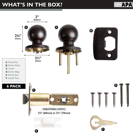 Ilyapa Passage Door Knob for Hall/Closet - Ball, Oil Rubbed Bronze Interior Keyless Non Locking Round Door Handle, Oil Rubbed Bronze, 6 Pack