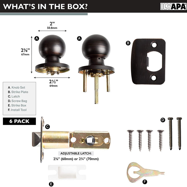 Ilyapa Passage Door Knob for Hall/Closet - Ball, Oil Rubbed Bronze Interior Keyless Non Locking Round Door Handle, Oil Rubbed Bronze, 6 Pack