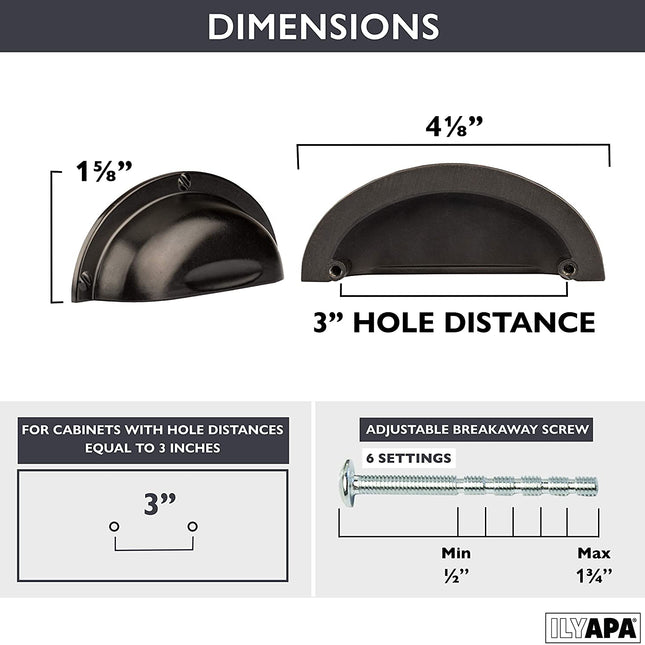 Black Kitchen Cabinet Pulls - 3 Inch Hole Center Industrial Design Bin Cup Drawer Handles - 10 Pack of Kitchen Cabinet Hardware