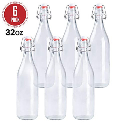 32 oz Clear Glass Beer Bottles for Home Brewing - 6 Pack with Airtight Rubber Seal Flip Caps