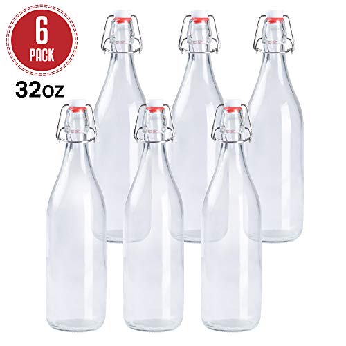32 oz Clear Glass Beer Bottles for Home Brewing - 6 Pack with Airtight Rubber Seal Flip Caps