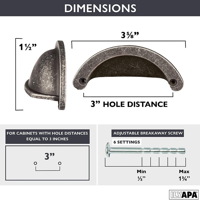 Ilyapa Antique Iron Kitchen Cabinet Pulls - 3 Inch Hole Center Bin Cup - 5 Pack