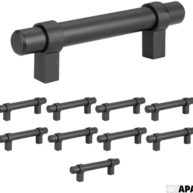 Black Kitchen Cabinet Pulls - 3 Inch Hole Center Bar - 10 Pack of Kitchen Cabinet Hardware - New Design