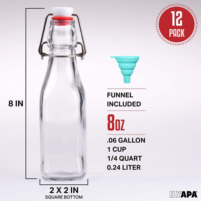 12 Pack of Glass Beer Bottles for Home Brewing - Square 8 oz Bottles with Flip Caps and Funnel