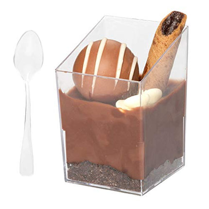 100 Mini Plastic Dessert Cups with Spoons - 3 oz Slanted