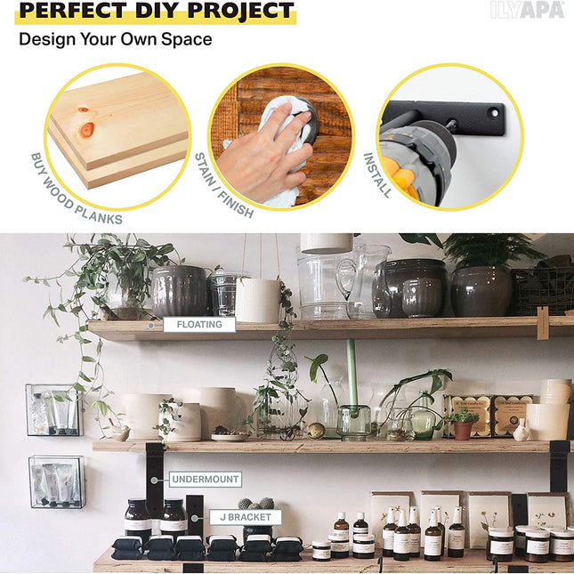 Hidden Shelf Brackets, Rustic Iron 8 Pack - 8 Inch Black Metal Blind Shelf Supports for Wall Mount Floating Shelves