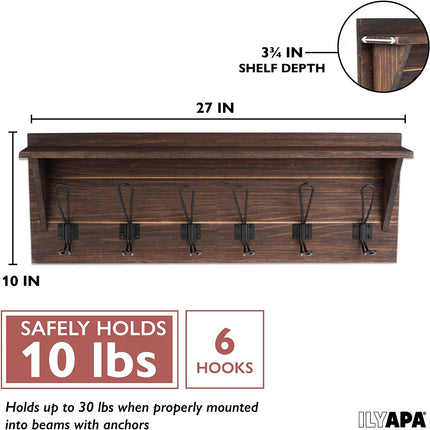 Wall Mounted Coat Rack with Shelf - 27 Inch Rustic Wooden 6 Hook Coat Hanger Rail, Espresso Wood, Black Metal Hooks